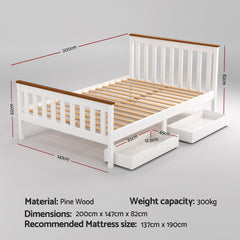 Artiss Bed Frame Double Size Wooden Platform with 2 Storage Drawers White PONY