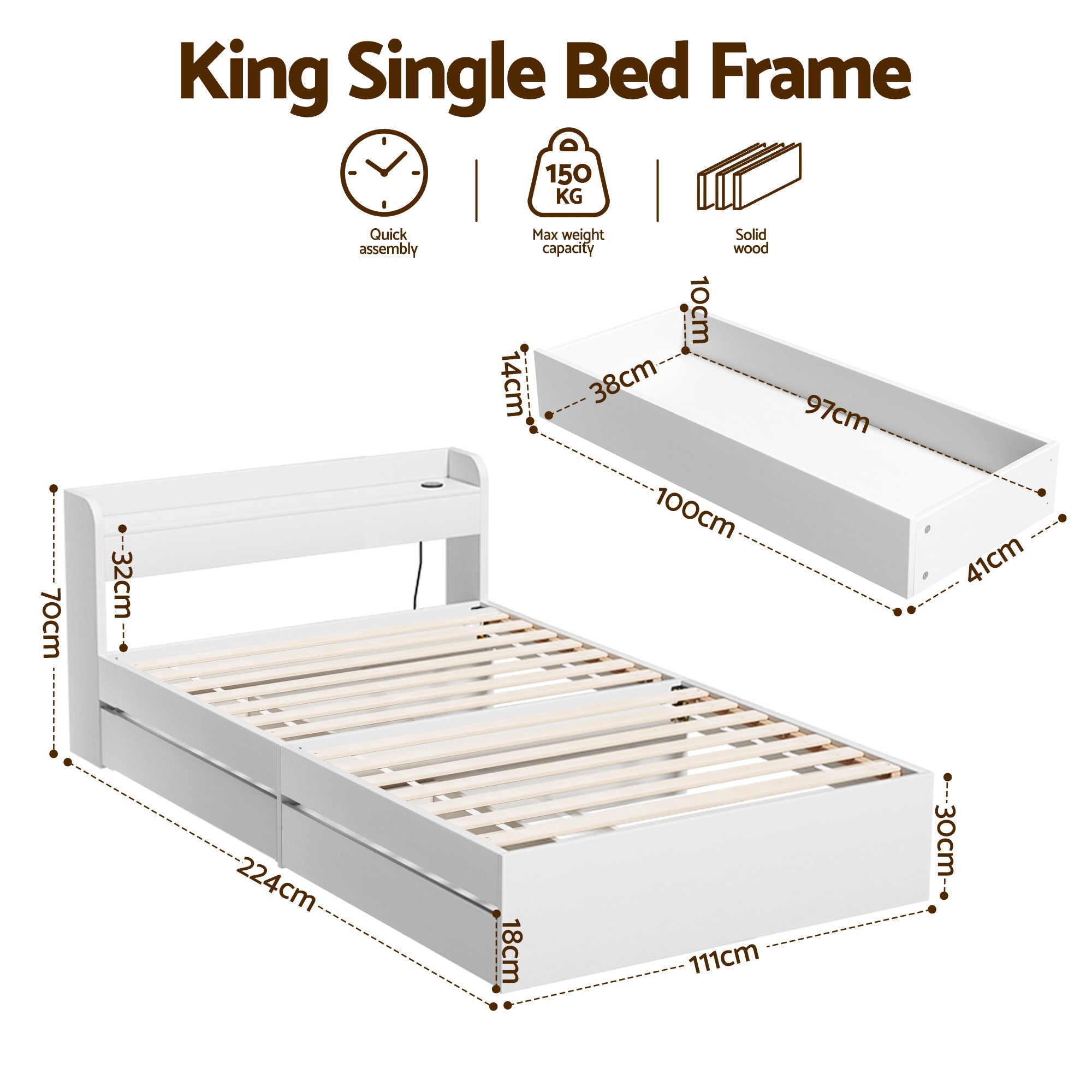 Artiss Bed Frame King Single Size with Charging Ports and 2 Drawers AURA