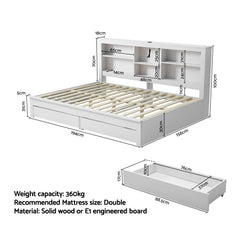 Artiss Noise-Free White Farmhouse Solid Wood Double Platform Bed Frame with Storage Headboard, Charging Station and Drawers for Bedroom and Apartment