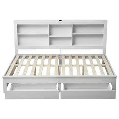 Artiss Noise-Free White Farmhouse Solid Wood Double Platform Bed Frame with Storage Headboard, Charging Station and Drawers for Bedroom and Apartment