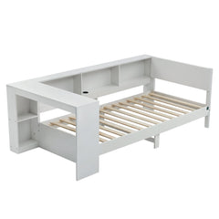 Artiss White Single Solid Wood Corner Platform Bed Frame with Built-in Desk, Storage Shelves and USB-C Charging Station for Small Spaces, Wooden Bed Base for Guest Room