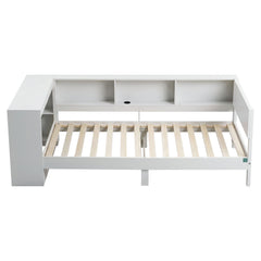 Artiss White Single Solid Wood Corner Platform Bed Frame with Built-in Desk, Storage Shelves and USB-C Charging Station for Small Spaces, Wooden Bed Base for Guest Room