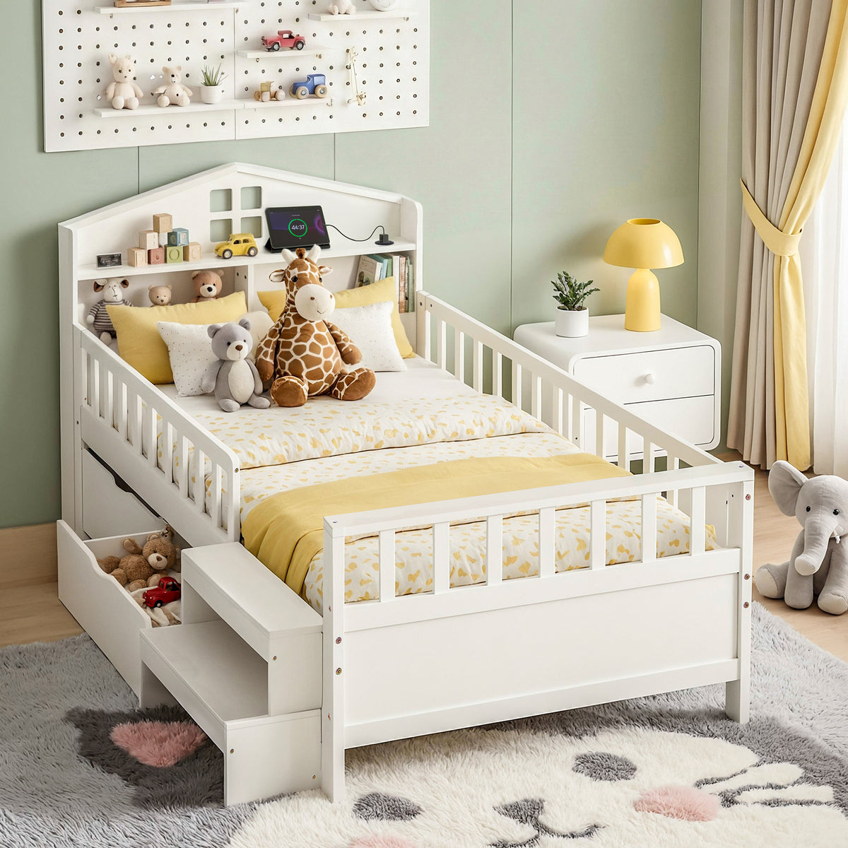 Artiss Single Bed Frame with 2 Storage Drawers, Montessori Bed with Headboard, 2 USB Ports & Led Light, Solid Wood Platform Bed Base with Safety Rail