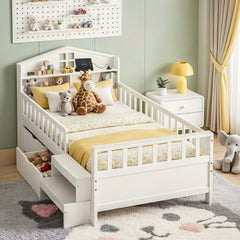 Artiss Single Bed Frame with 2 Storage Drawers, Montessori Bed with Headboard, 2 USB Ports & Led Light, Solid Wood Platform Bed Base with Safety Rail