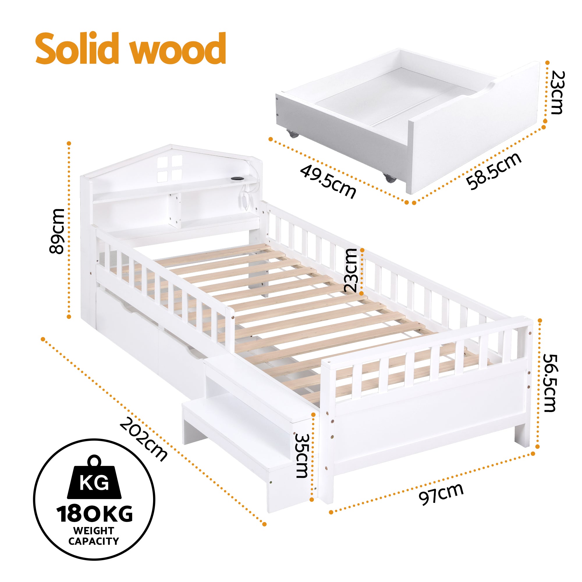 Artiss Single Bed Frame with 2 Storage Drawers, Montessori Bed with Headboard, 2 USB Ports & Led Light, Solid Wood Platform Bed Base with Safety Rail