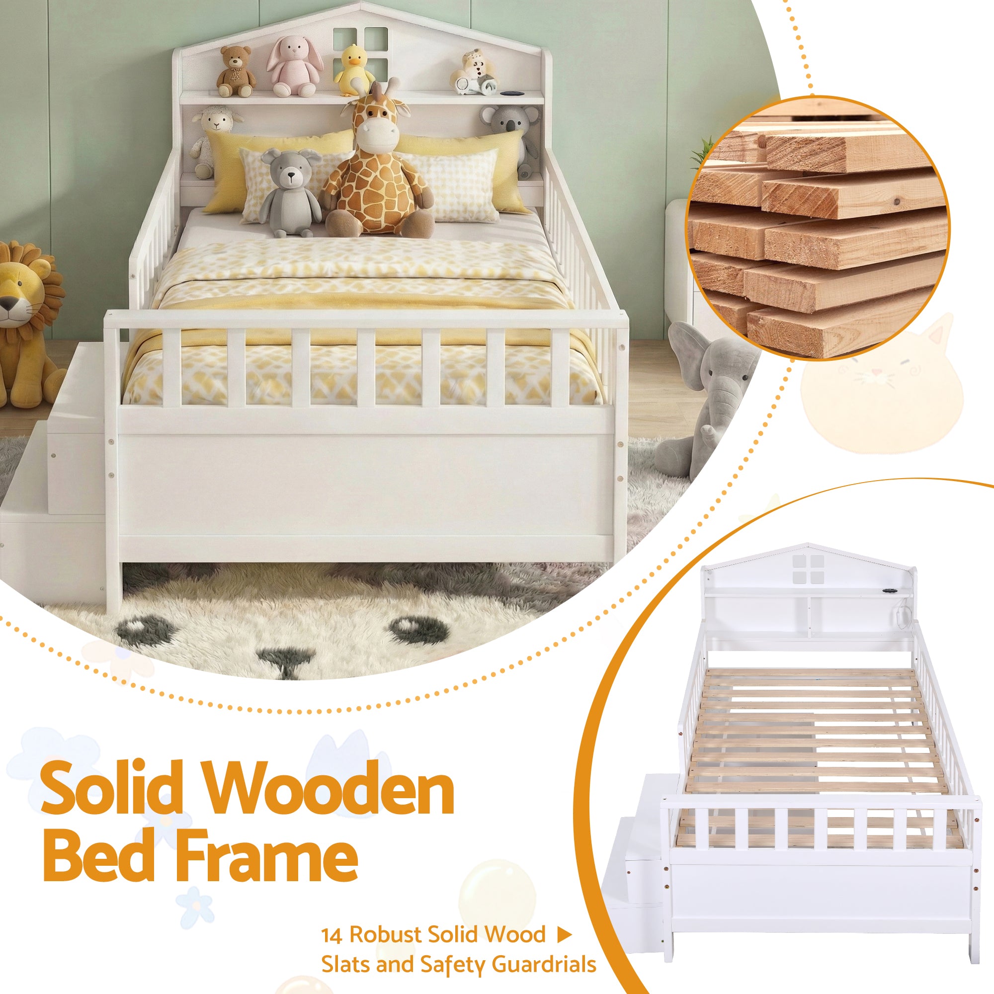 Artiss Single Bed Frame with 2 Storage Drawers, Montessori Bed with Headboard, 2 USB Ports & Led Light, Solid Wood Platform Bed Base with Safety Rail
