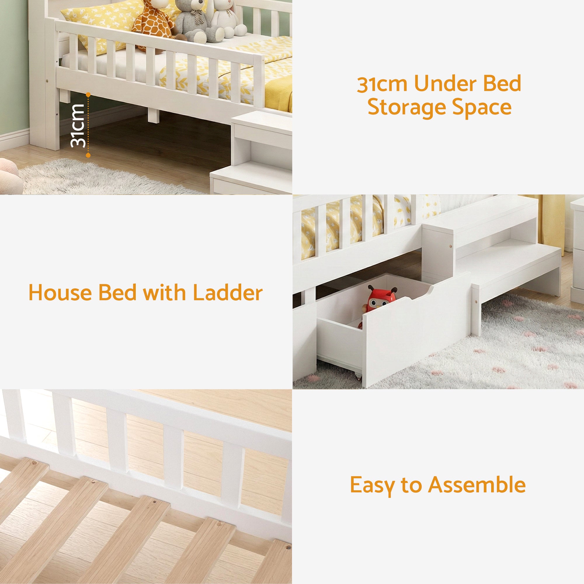 Artiss Single Bed Frame with 2 Storage Drawers, Montessori Bed with Headboard, 2 USB Ports & Led Light, Solid Wood Platform Bed Base with Safety Rail
