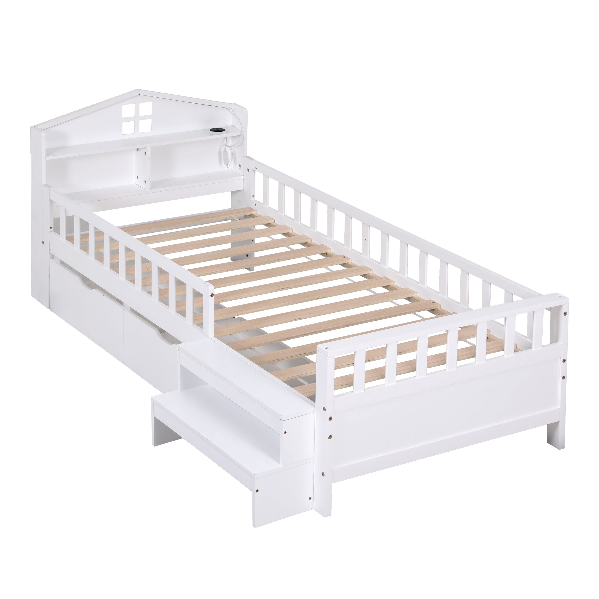 Artiss Single Bed Frame with 2 Storage Drawers, Montessori Bed with Headboard, 2 USB Ports & Led Light, Solid Wood Platform Bed Base with Safety Rail