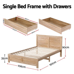 Artiss Single Bed Frame with 2 Drawers Wooden Bed Base Walnut