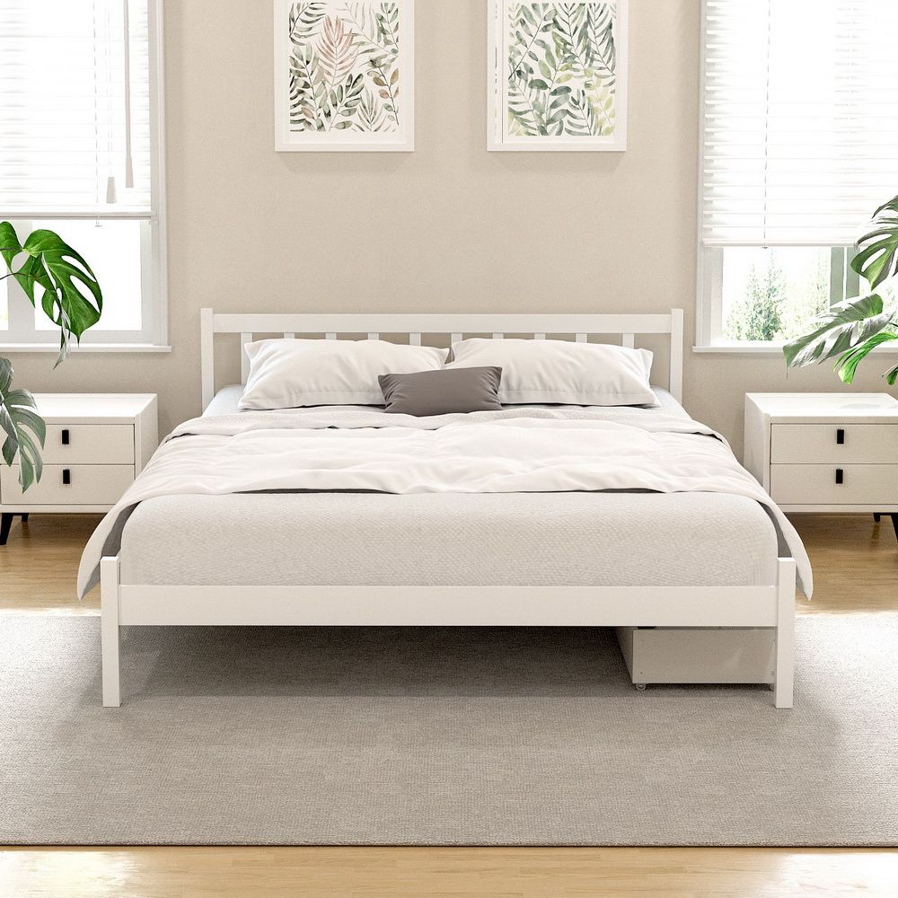 Artiss Bed Frame Double Size Wooden Platform with 2 Storage Drawers White SOFIE