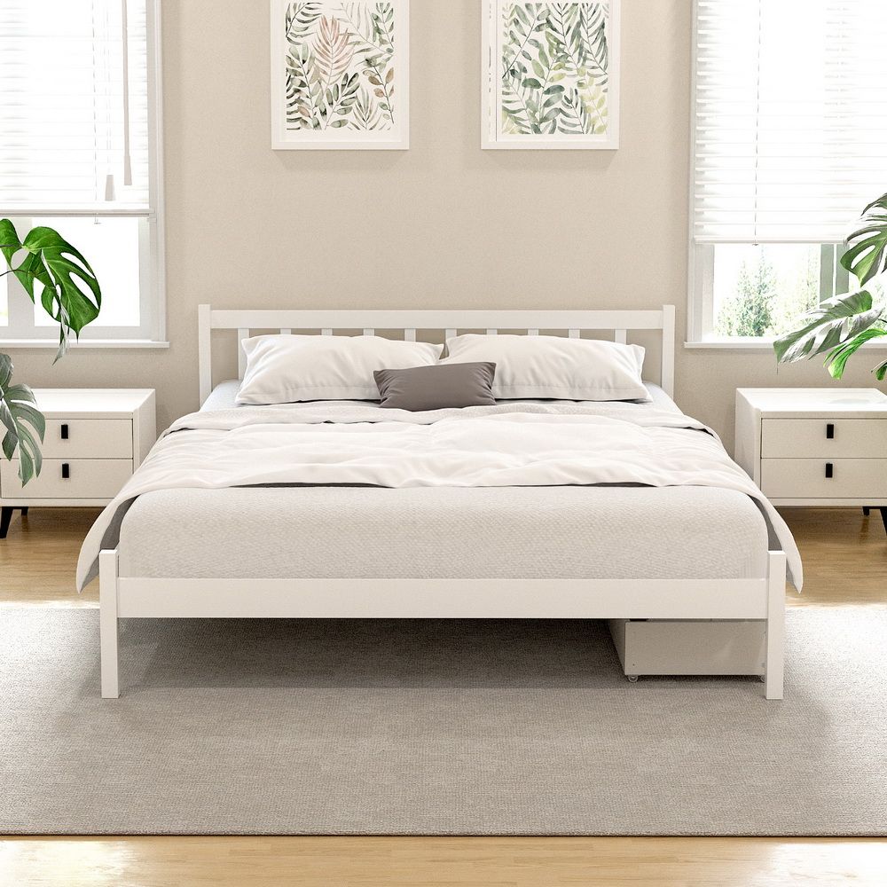Artiss Bed Frame Queen Size Wooden Platform with 2 Storage Drawers White