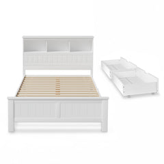Artiss Bed Frame Double Size Wooden with 3 Shelves Bed Head White