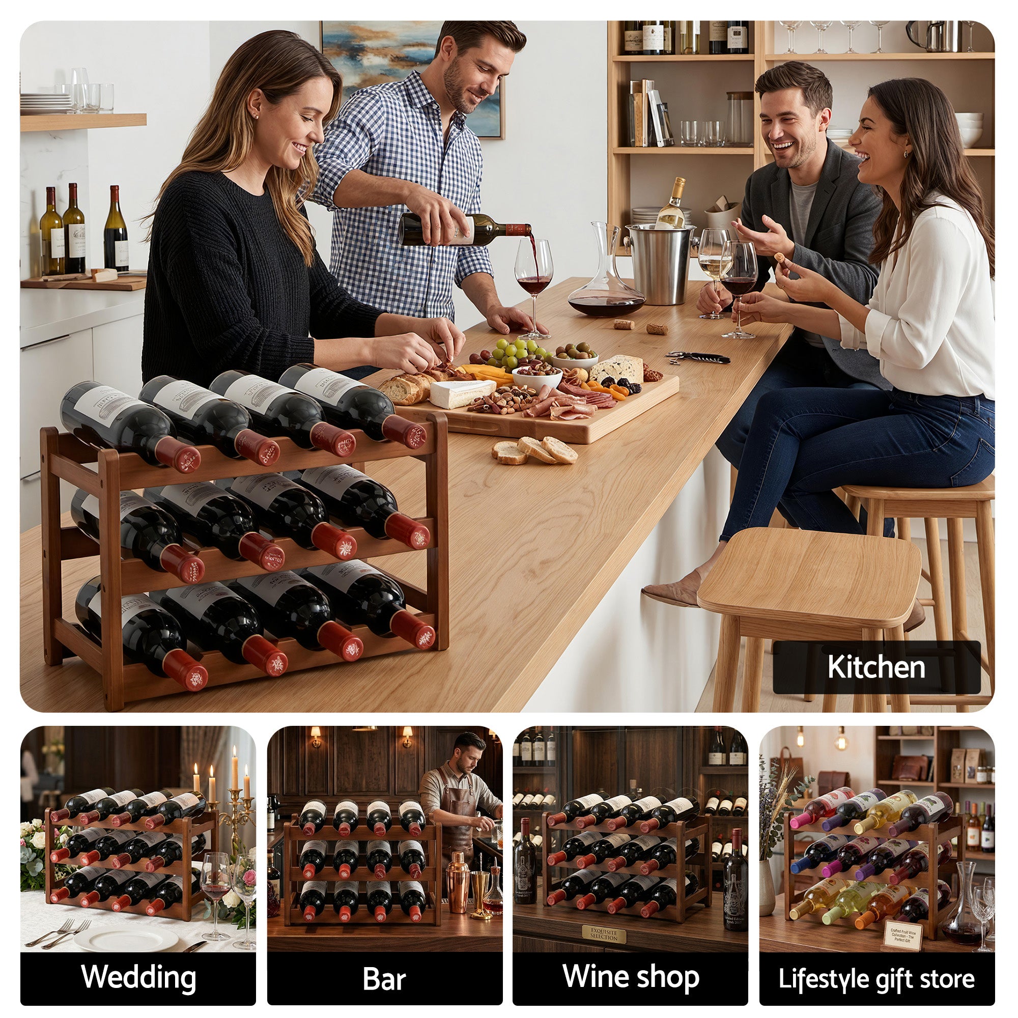 Artiss Bamboo Wine Rack 3-Tier Display Storage Organizer 12 Bottle Walnut