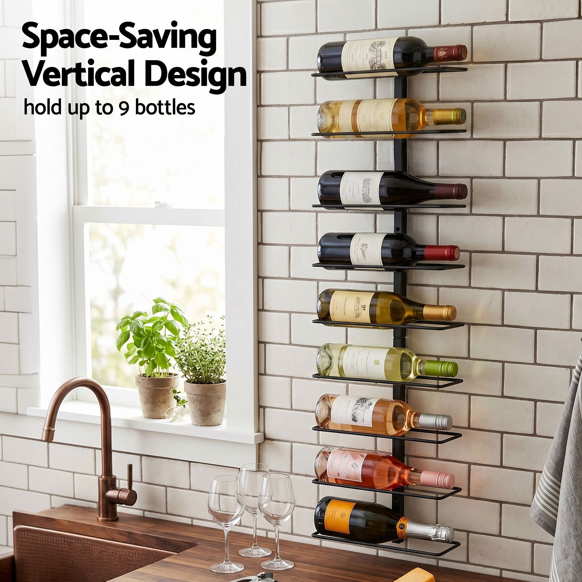Artiss Wall Mounted Wine Rack 9 Bottles Display Storage Organizer Metal Black