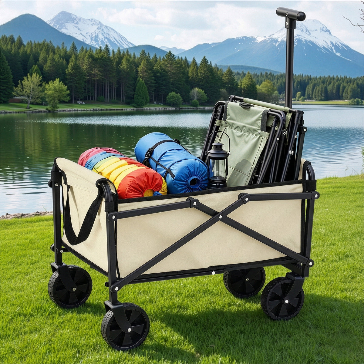 Gardeon Garden Cart Folding Trolley Camping Wagon Barrow Outdoor Beach Beige - Free Delivery