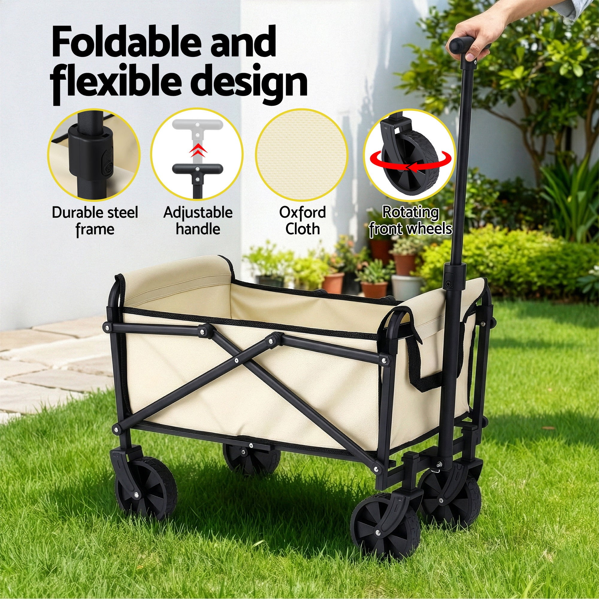 Gardeon Garden Cart Folding Trolley Camping Wagon Barrow Outdoor Beach Beige - Free Delivery