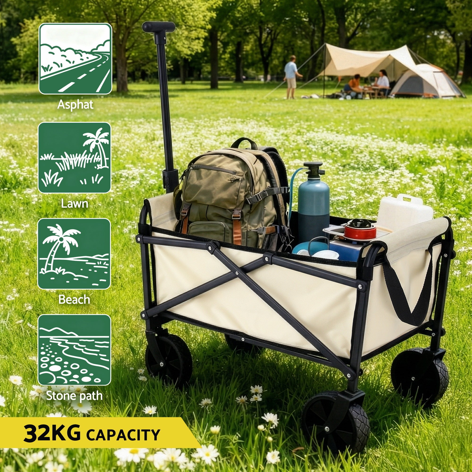 Gardeon Garden Cart Folding Trolley Camping Wagon Barrow Outdoor Beach Beige - Free Delivery