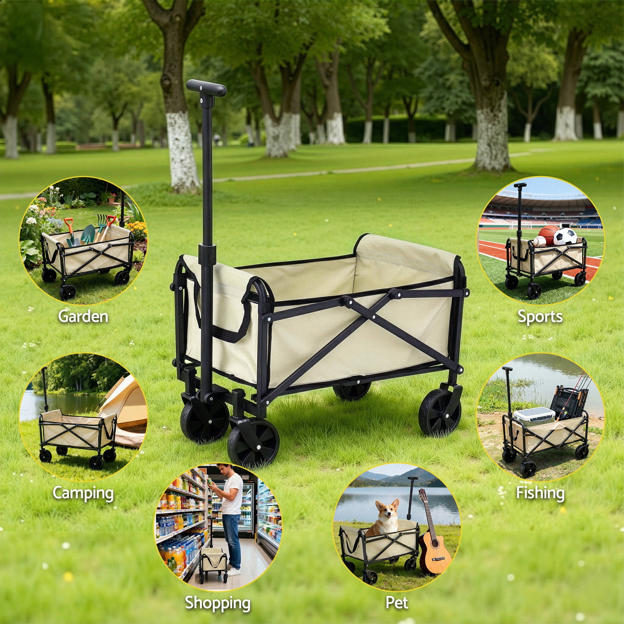 Gardeon Garden Cart Folding Trolley Camping Wagon Barrow Outdoor Beach Beige - Free Delivery