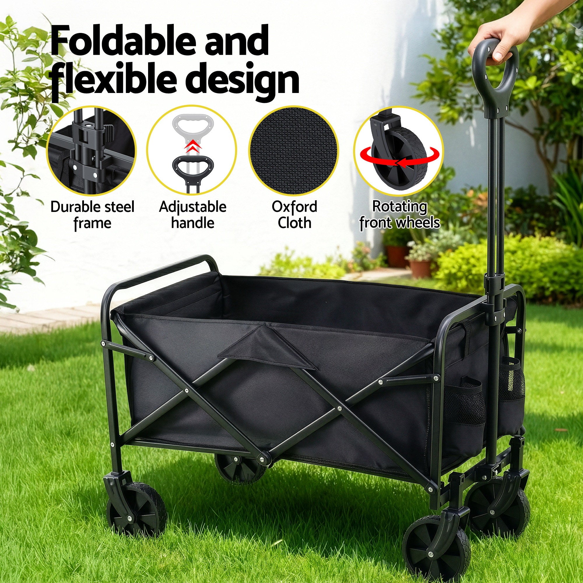Gardeon Garden Cart Folding Trolley Camping Wagon Barrow Outdoor Beach Black - Free Delivery