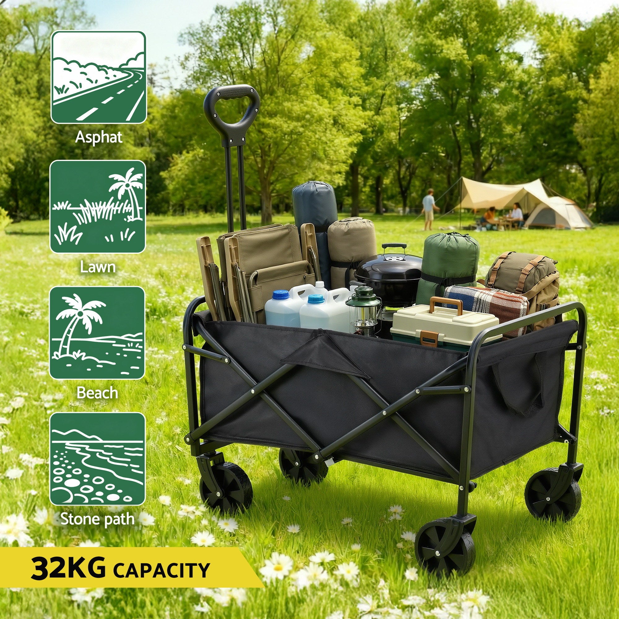 Gardeon Garden Cart Folding Trolley Camping Wagon Barrow Outdoor Beach Black - Free Delivery