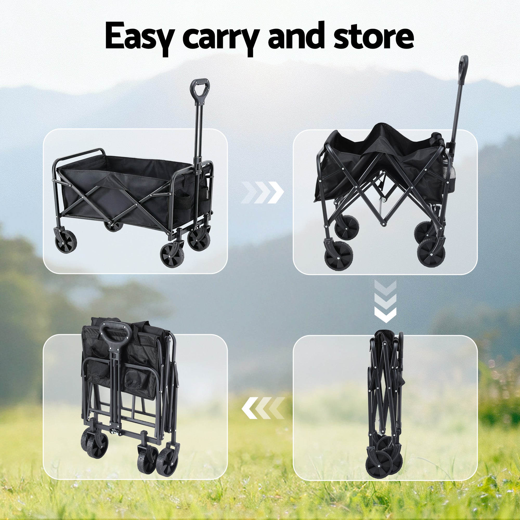 Gardeon Garden Cart Folding Trolley Camping Wagon Barrow Outdoor Beach Black - Free Delivery