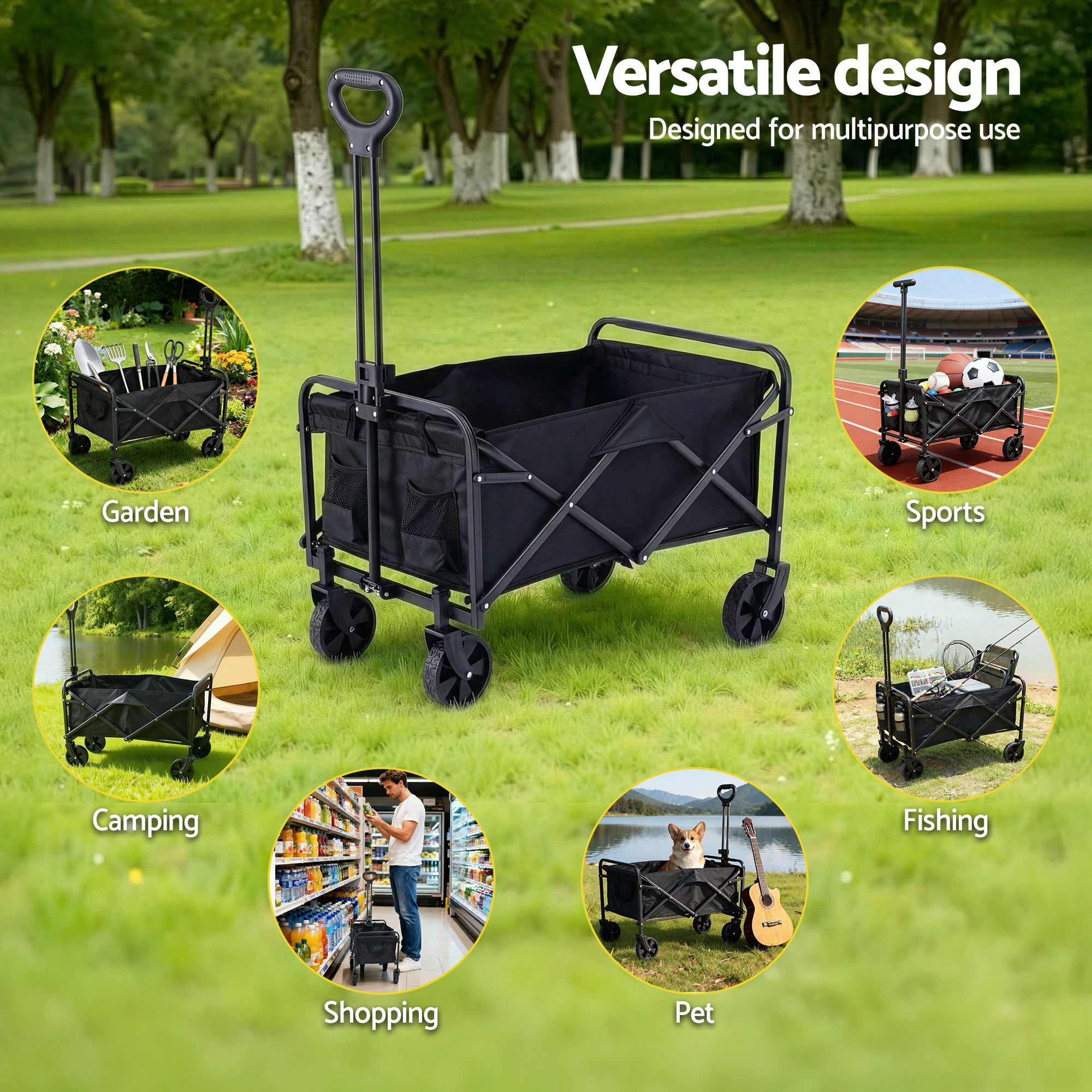 Gardeon Garden Cart Folding Trolley Camping Wagon Barrow Outdoor Beach Black - Free Delivery