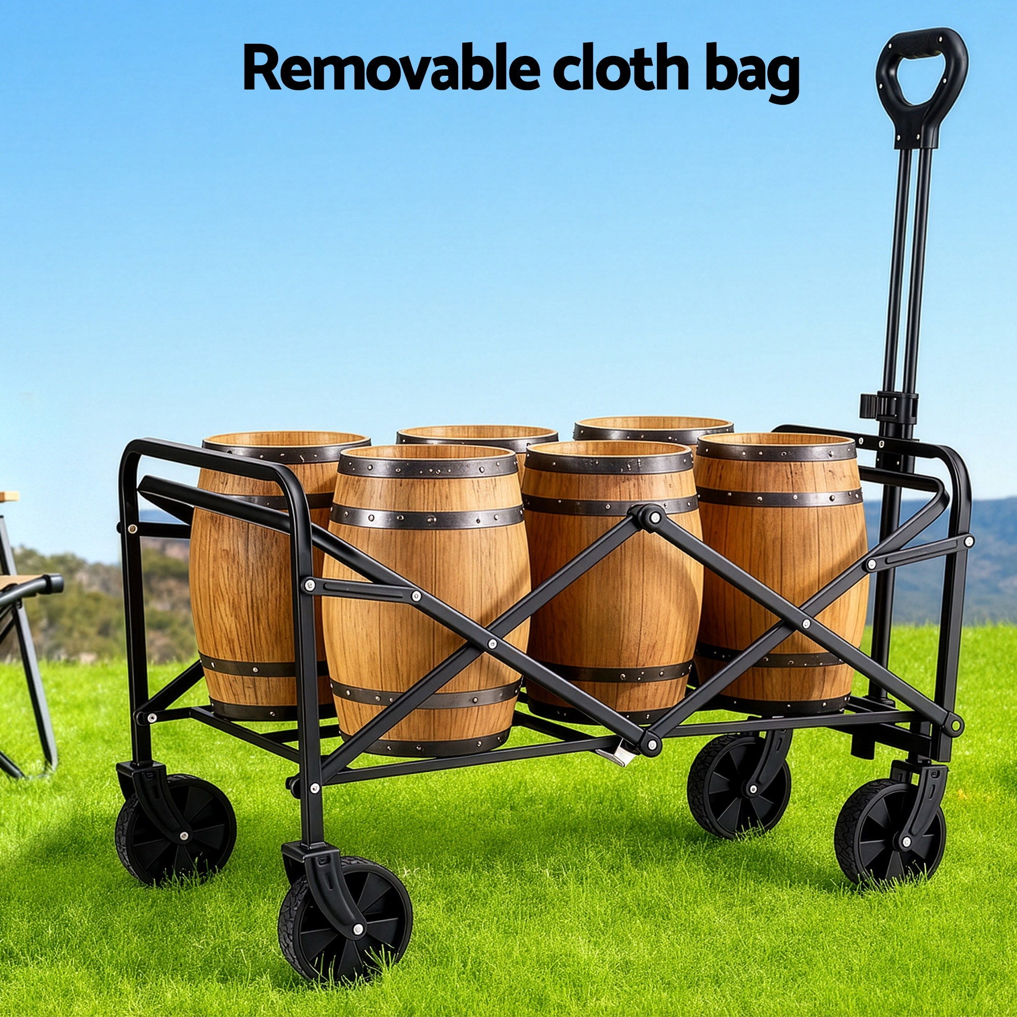 Gardeon Garden Cart Folding Trolley Camping Wagon Barrow Outdoor Beach Black - Free Delivery
