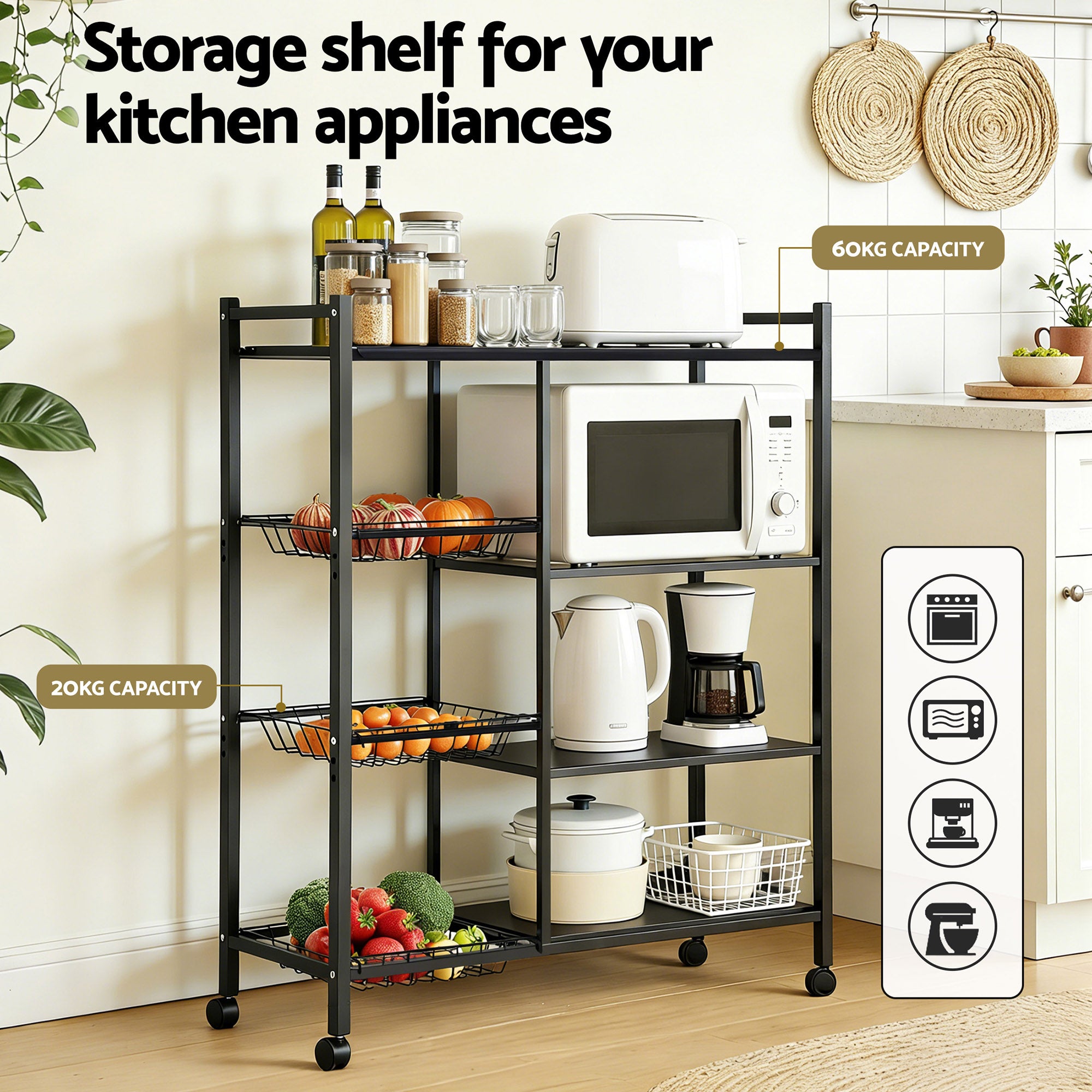 Artiss 4-Tier Kitchen Rack Microwave Bakers Storage Shelf with 3 Baskets Wheels