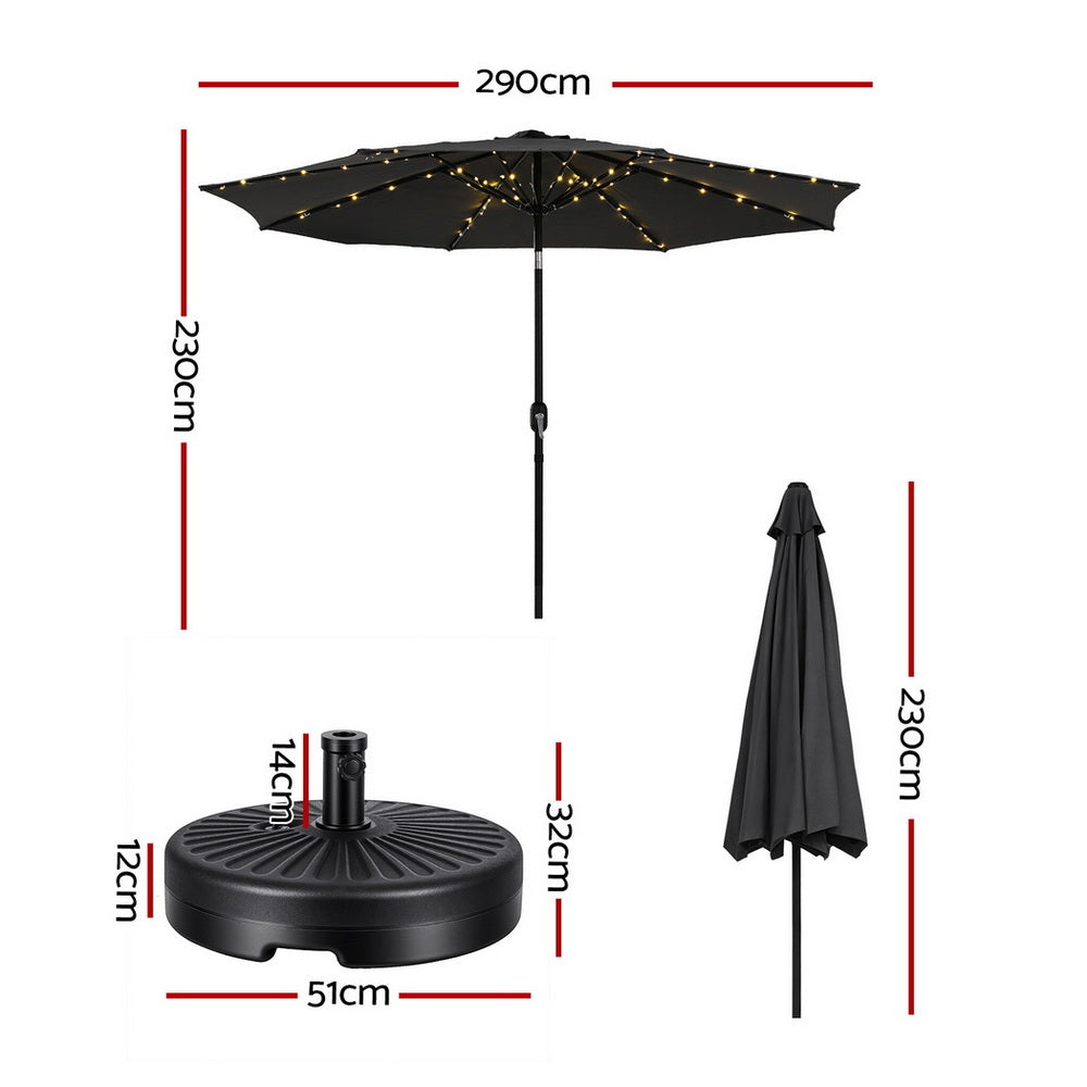 Instahut Outdoor Umbrella 2.9m Market Umbrella with Base String Light Black