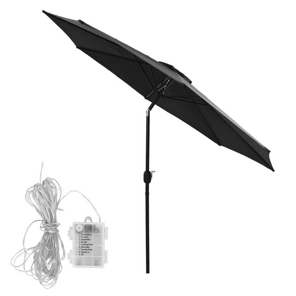 Instahut Outdoor Umbrella 2.9m Market Umbrella with String Light Tilt Black