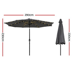 Instahut Outdoor Umbrella 2.9m Market Umbrella with String Light Tilt Charcoal Shade