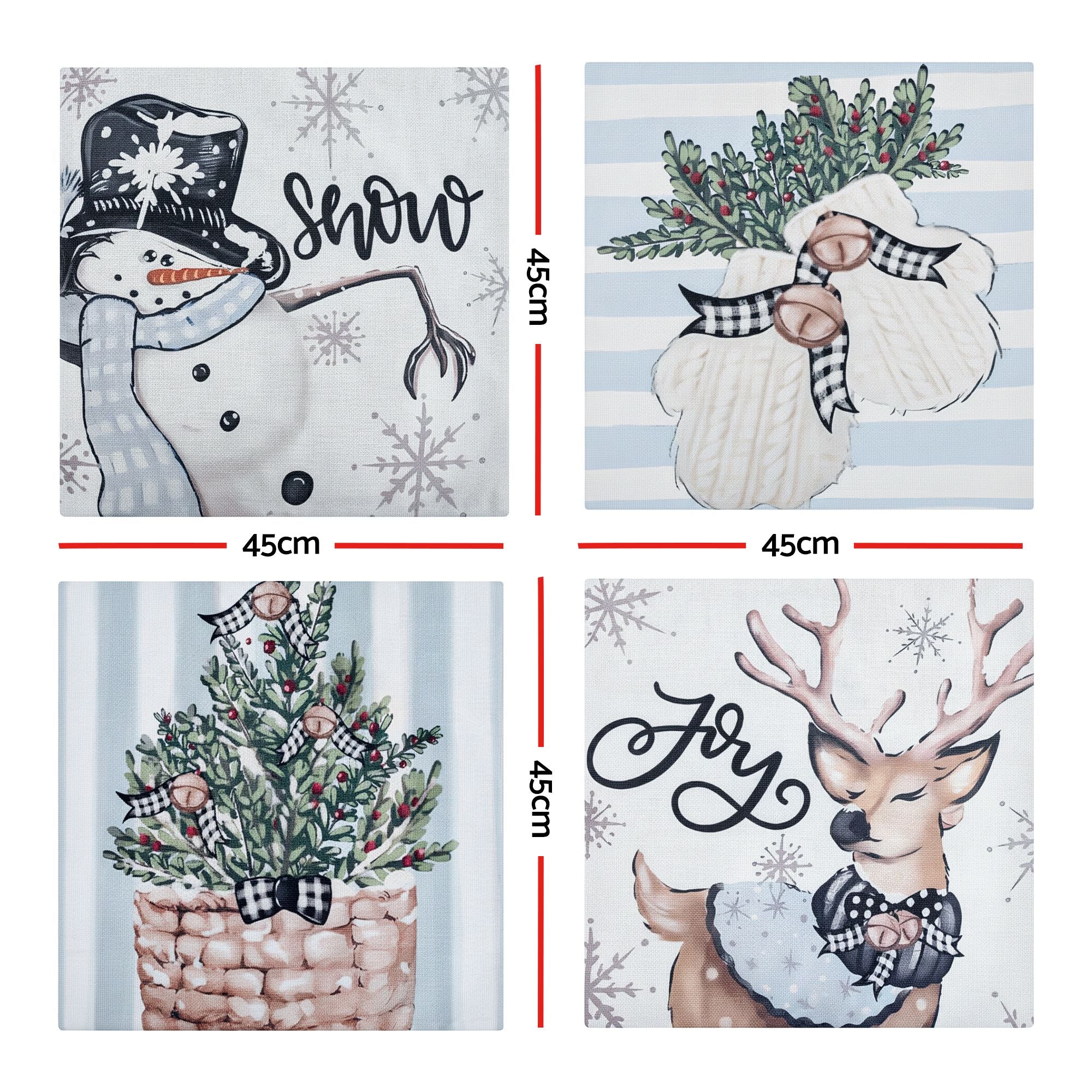 Jingle Jollys Christmas Cushion Covers Set of 4 Pillow Covers 45x45cm with 4 Cute Patterns Blue