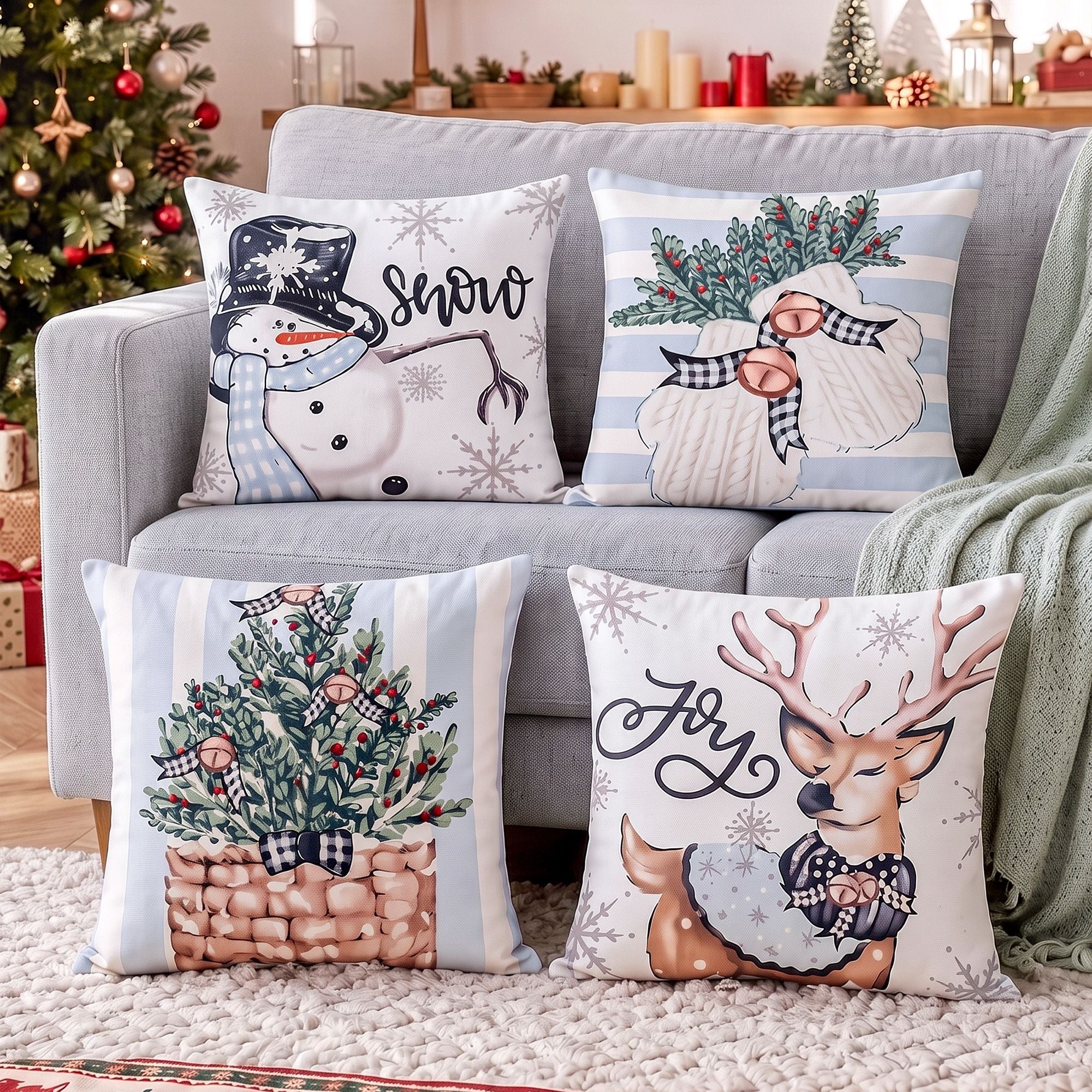 Jingle Jollys Christmas Cushion Covers Set of 4 Pillow Covers 45x45cm with 4 Cute Patterns Blue
