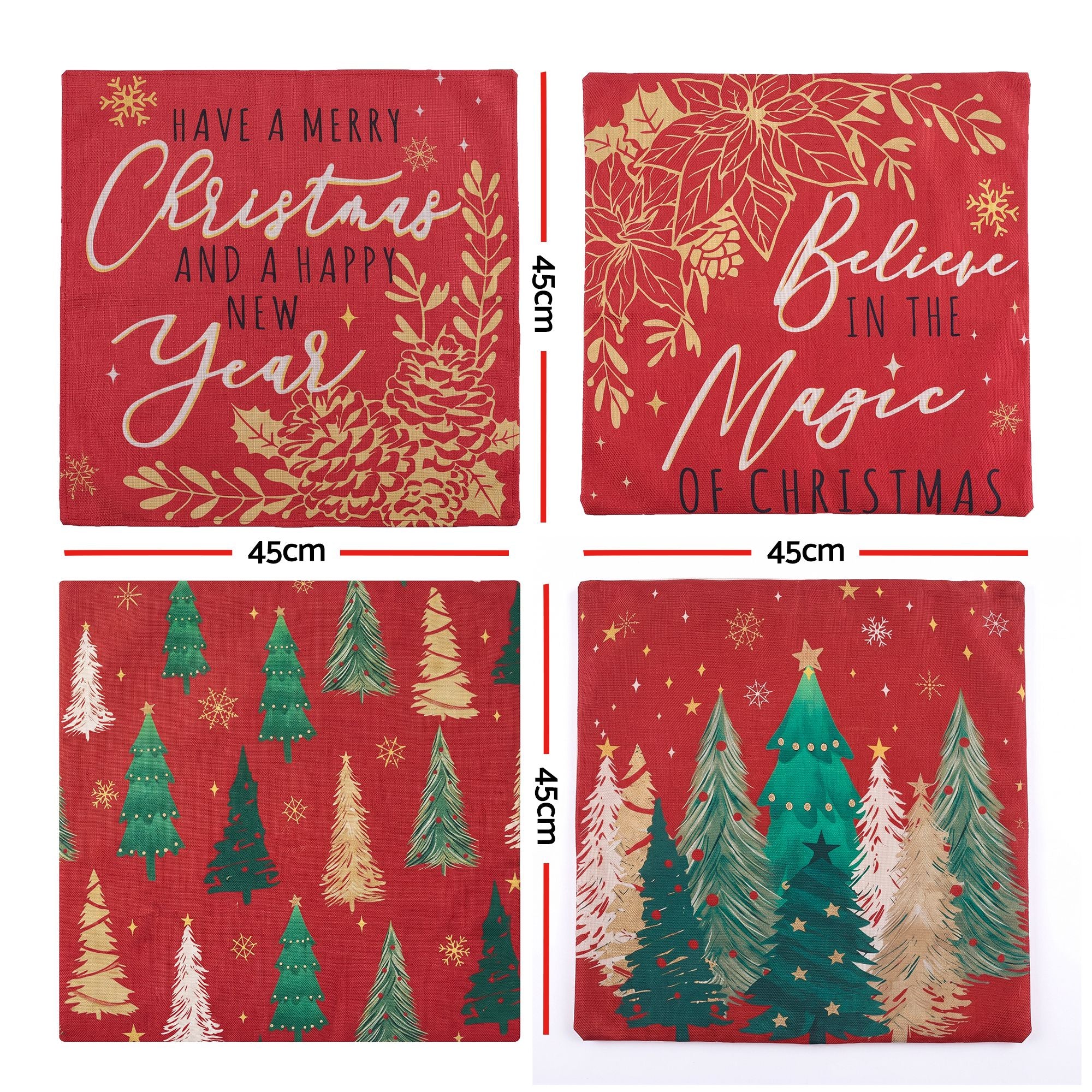 Jingle Jollys Christmas Cushion Covers Set of 4 Pillow Covers 45x45cm with 4 Cute Patterns Red
