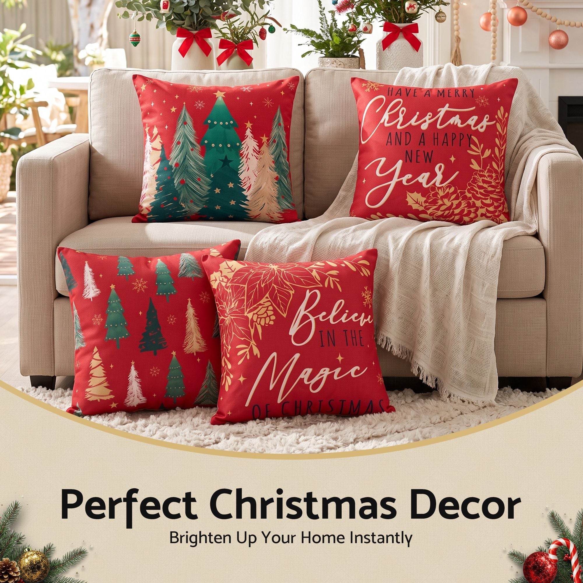 Jingle Jollys Christmas Cushion Covers Set of 4 Pillow Covers 45x45cm with 4 Cute Patterns Red