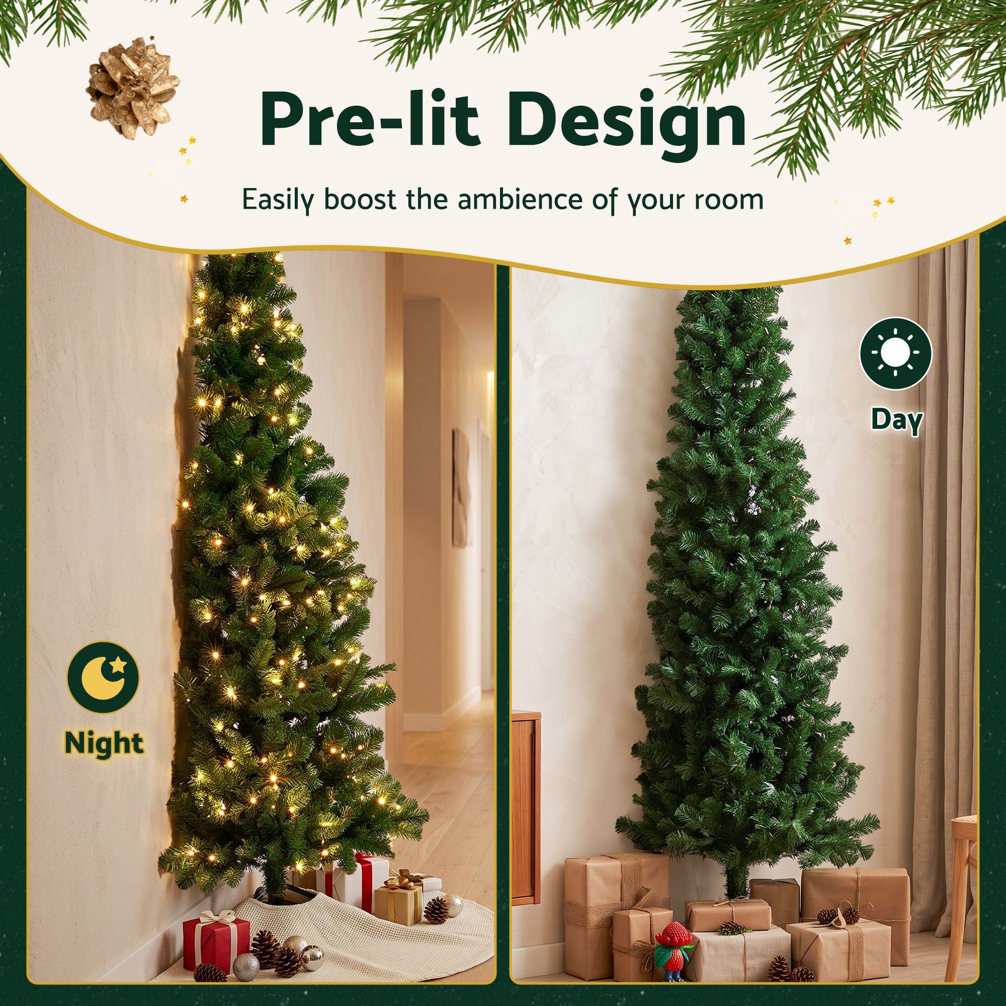 Jingle Jollys 2.4m Pre-Lit Christmas Tree Slim Pencil Xmas Tree Corner Tree