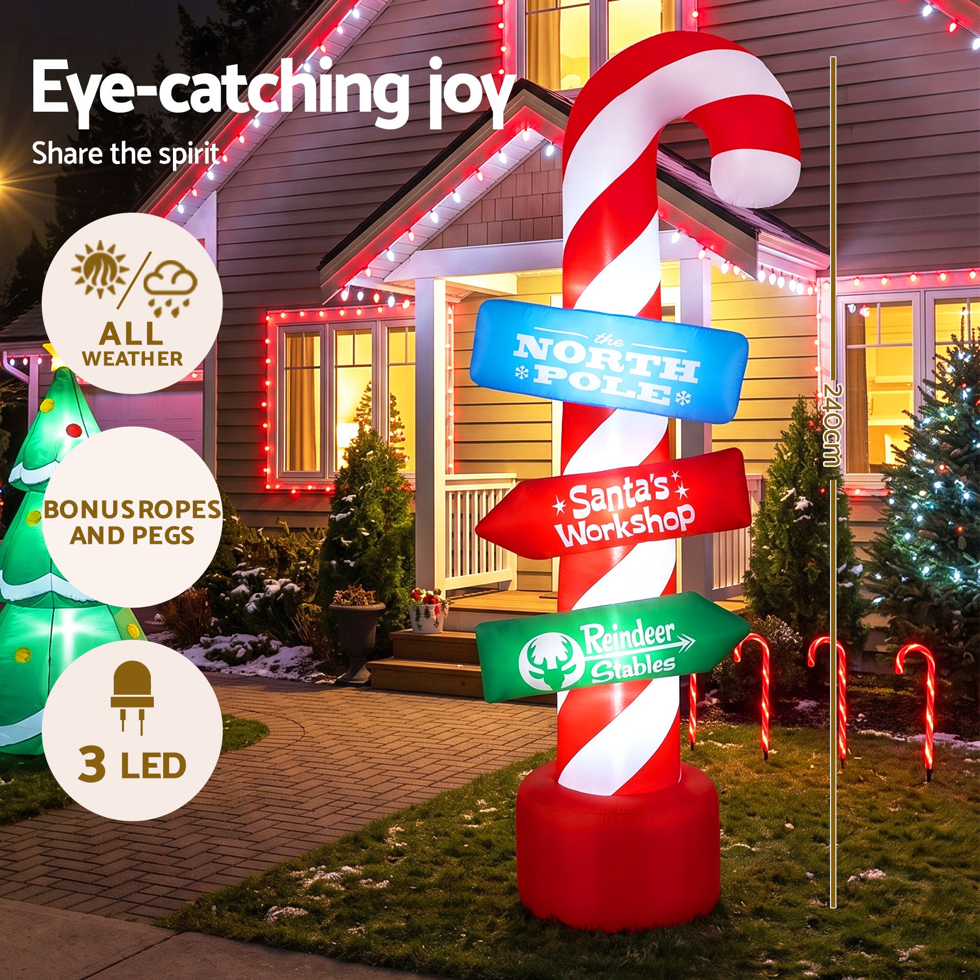 Jingle Jollys Christmas Inflatable Candy Pole 2.4M Illuminated Free Delivery