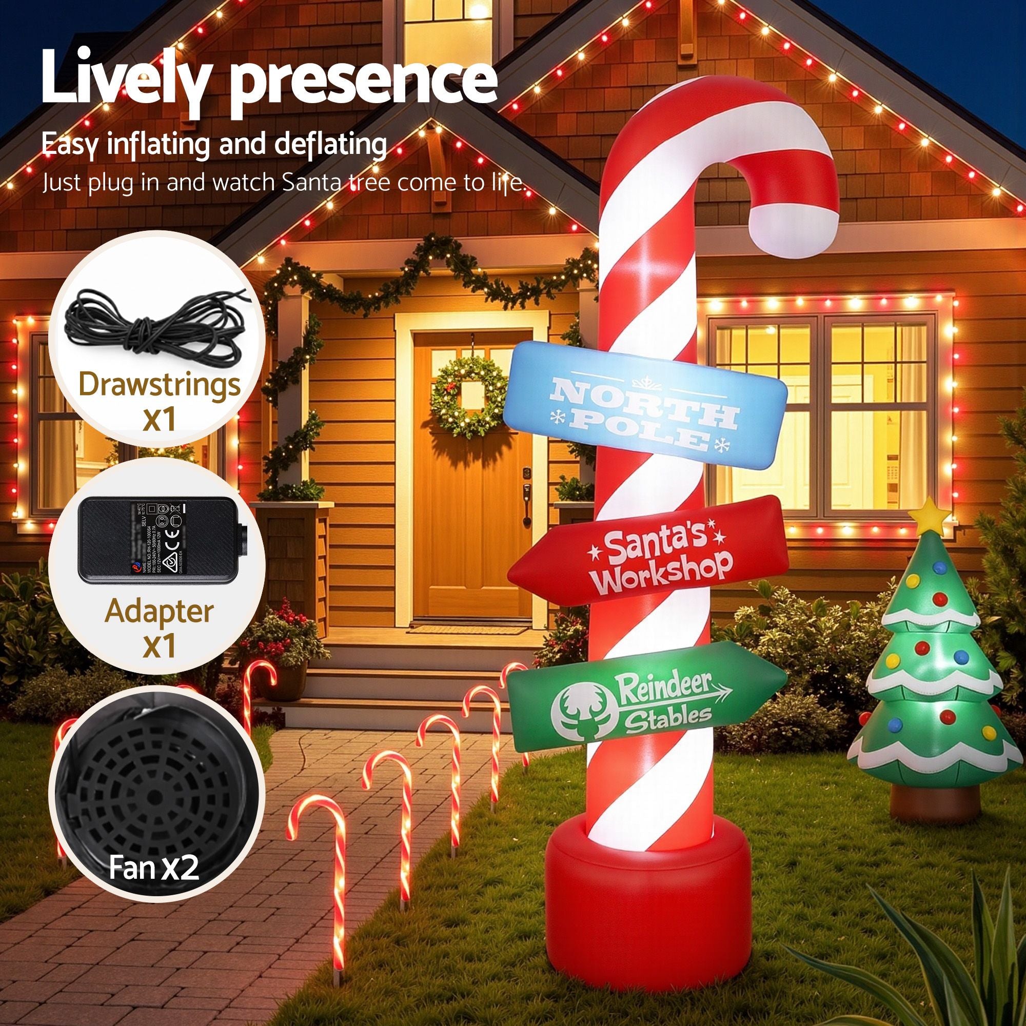 Jingle Jollys Christmas Inflatable Candy Pole 2.4M Illuminated Free Delivery