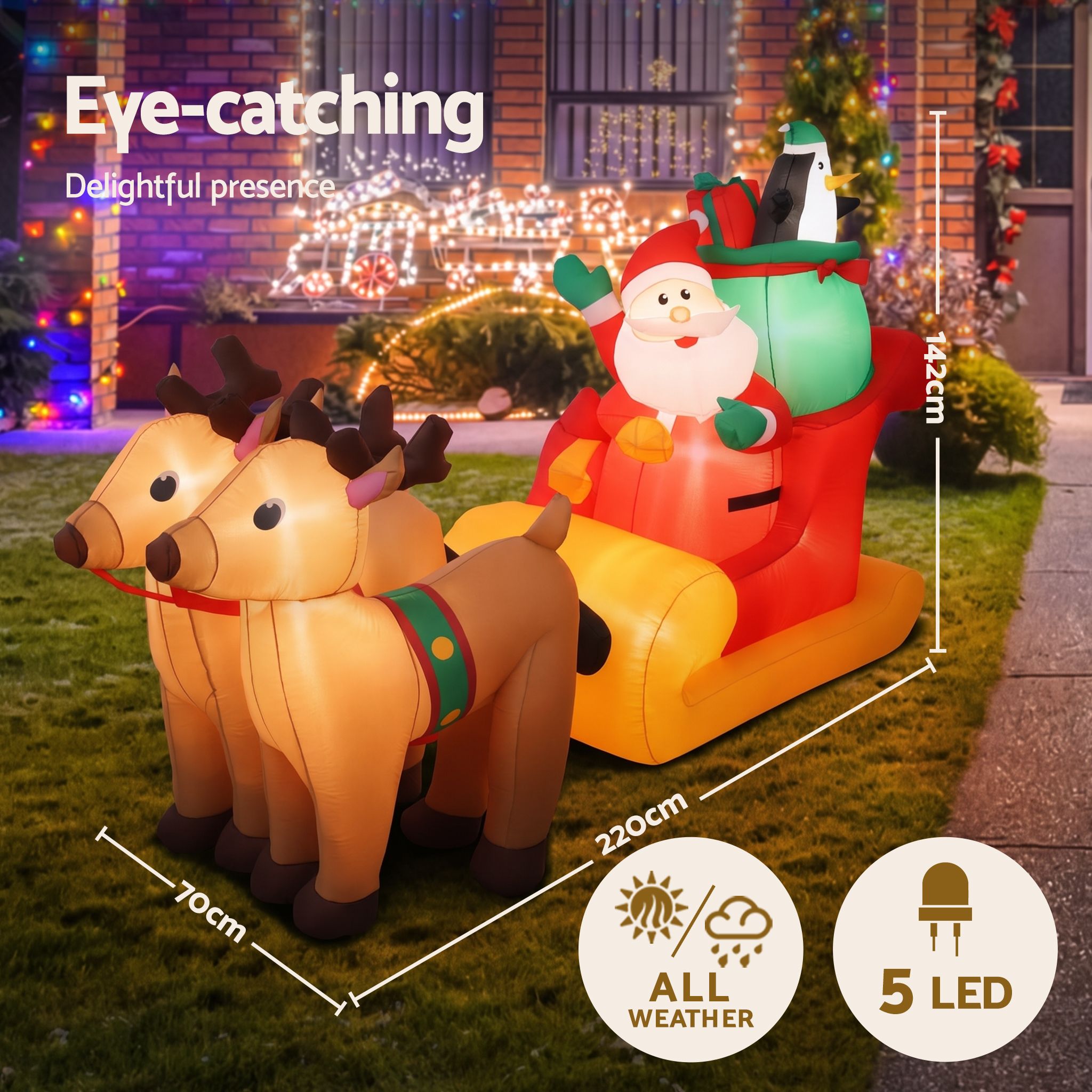 Jingle Jollys Christmas Inflatable Santa Sleigh 2.2M Illuminated Free Delivery