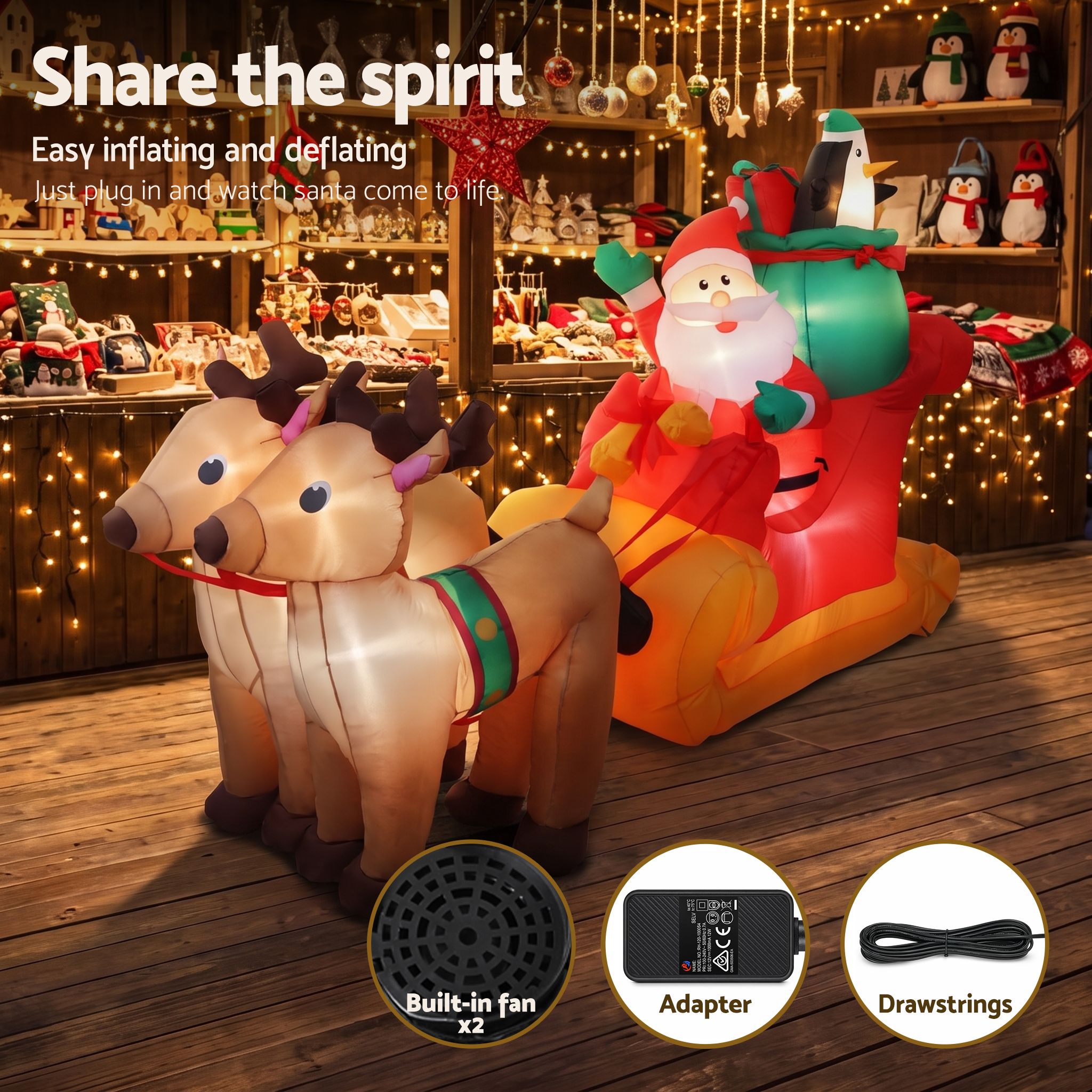 Jingle Jollys Christmas Inflatable Santa Sleigh 2.2M Illuminated Free Delivery