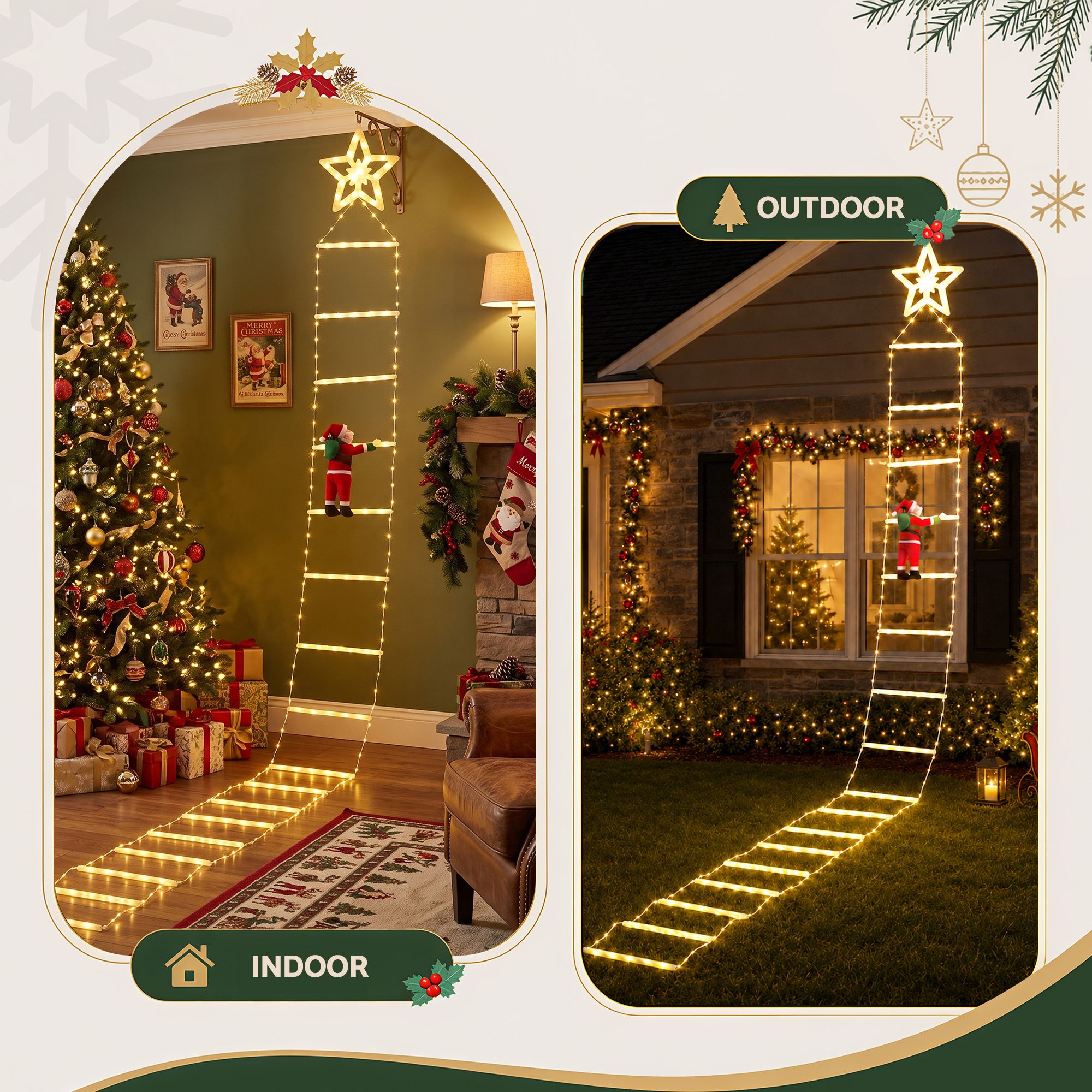 Jingle Jollys Christmas Ladder Lights Santa 3.4m 328LED Hanging Decor Warm White