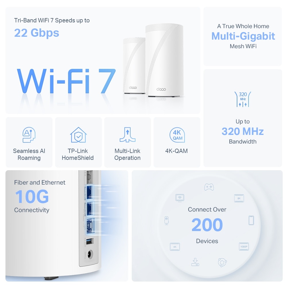 TP-Link Deco BE85 BE22000 Tri-Band Mesh WiFi7 System (3 Pack)