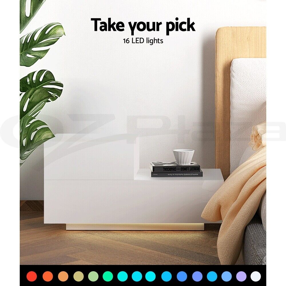 Artiss Bedside Tables LED 2 Drawers - REMI White