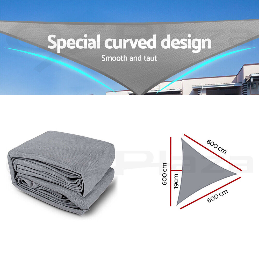 Instahut Shade Sail 6x6x6m Triangle 280GSM 98% Grey Shade Cloth