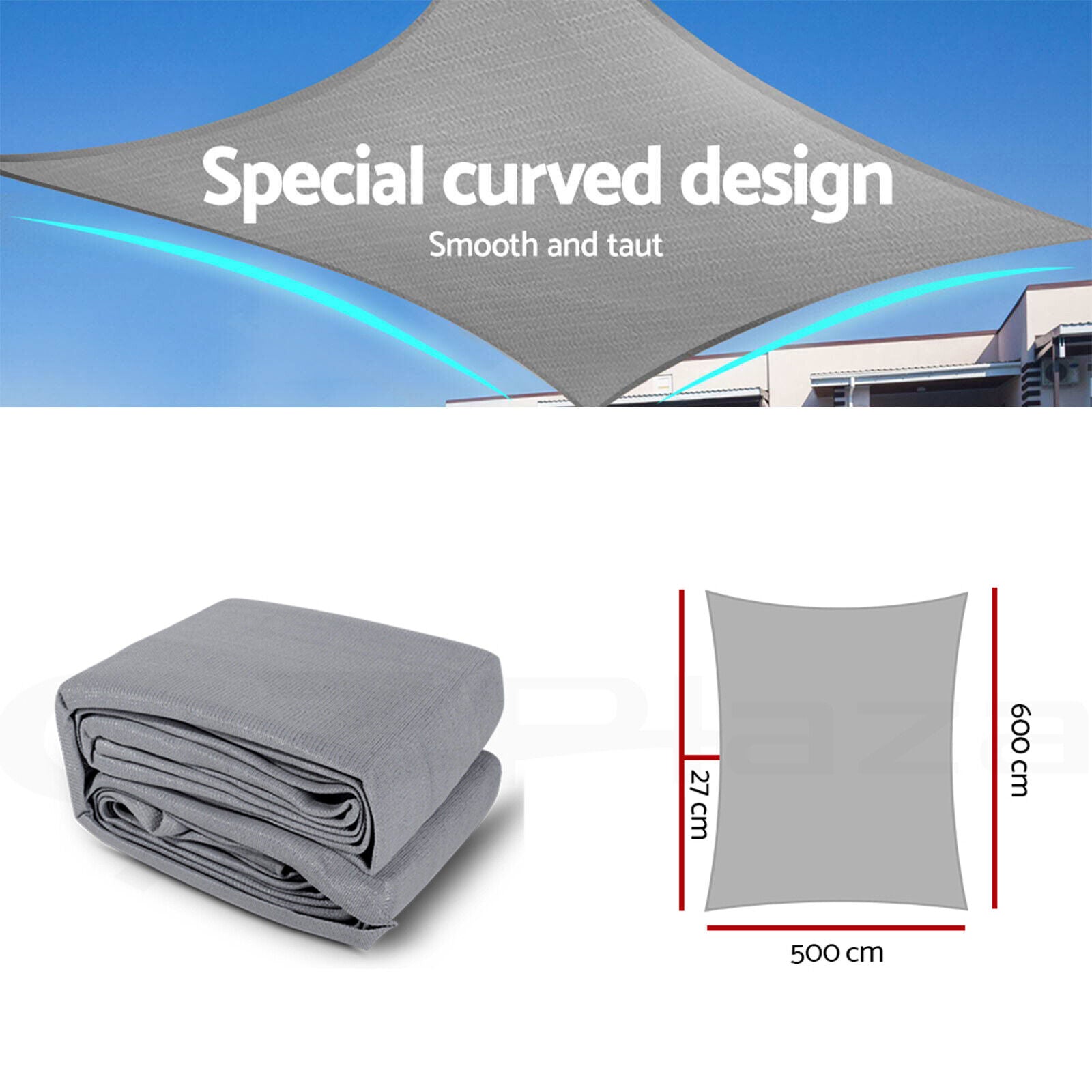 Instahut Shade Sail 5x6m Rectangle 280GSM 98% Grey Shade Cloth