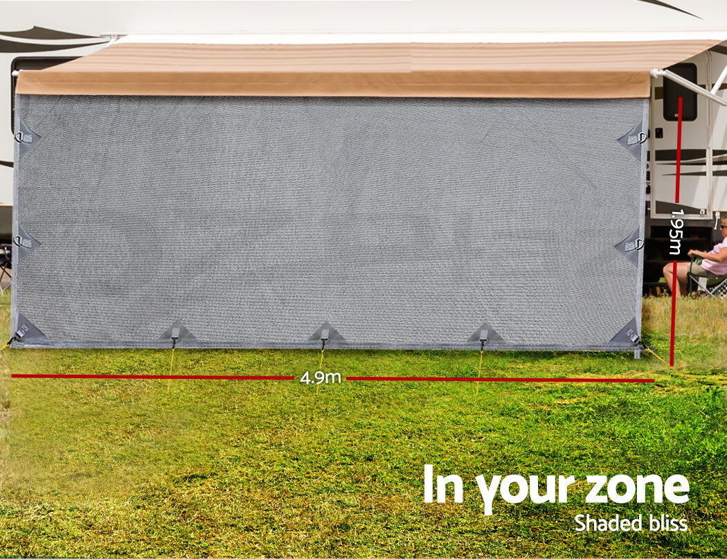 Caravan Privacy Screen Roll Out Awning 4.9x1.95M End Wall Side Sun Shade Grey