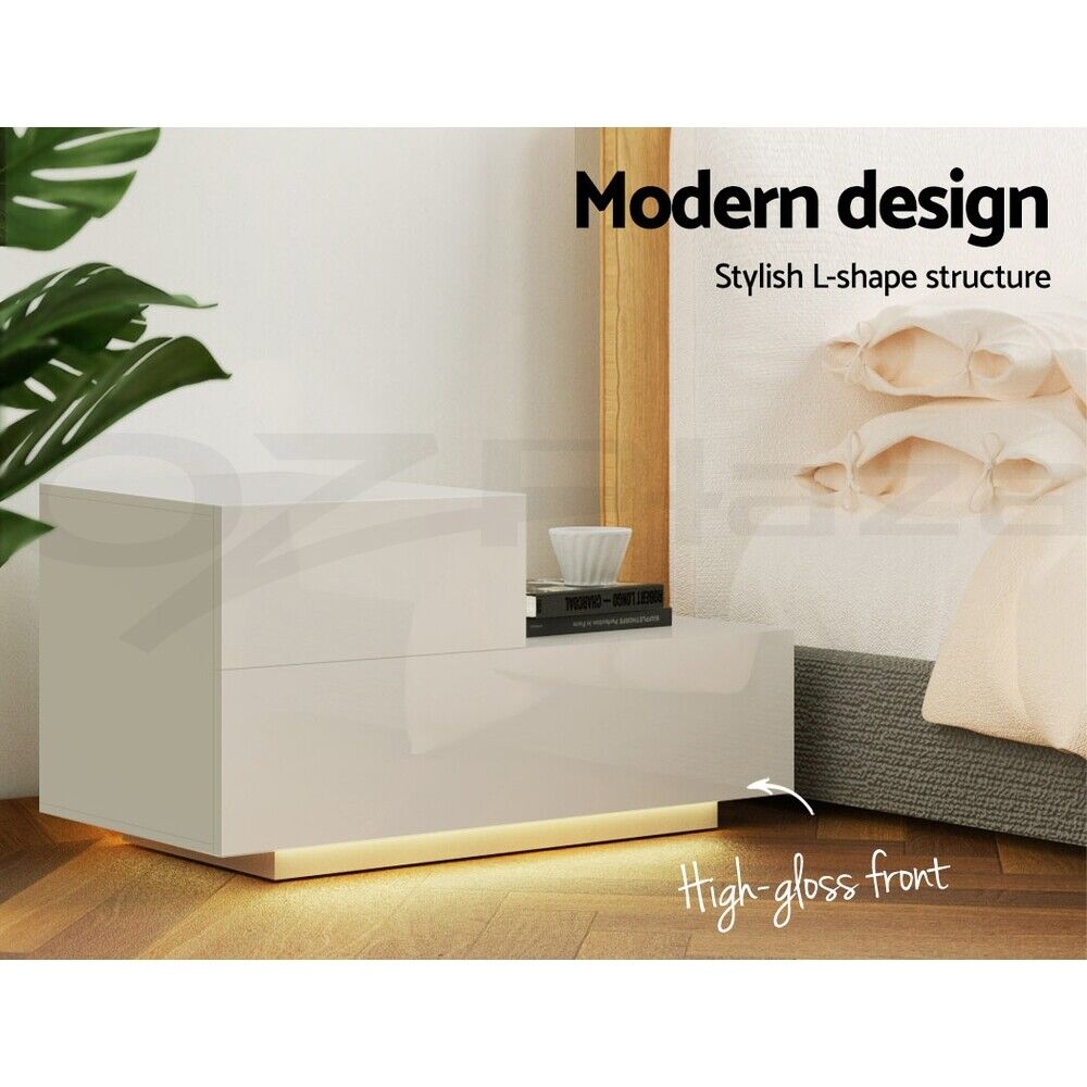 Artiss Bedside Tables LED 2 Drawers - REMI White