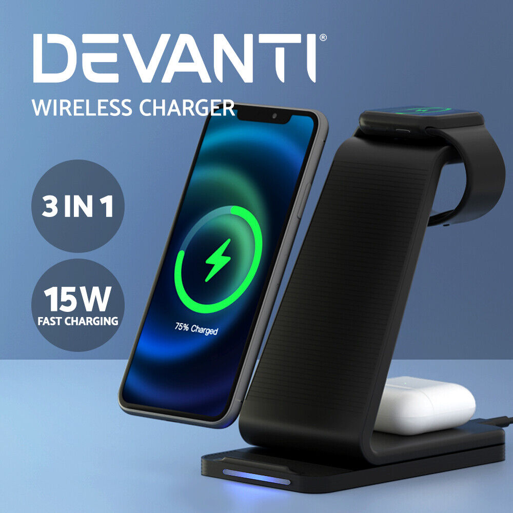 Devanti 3 in 1 Wireless Charger Holder 15W Fast Charging for Phone Airpod Watch