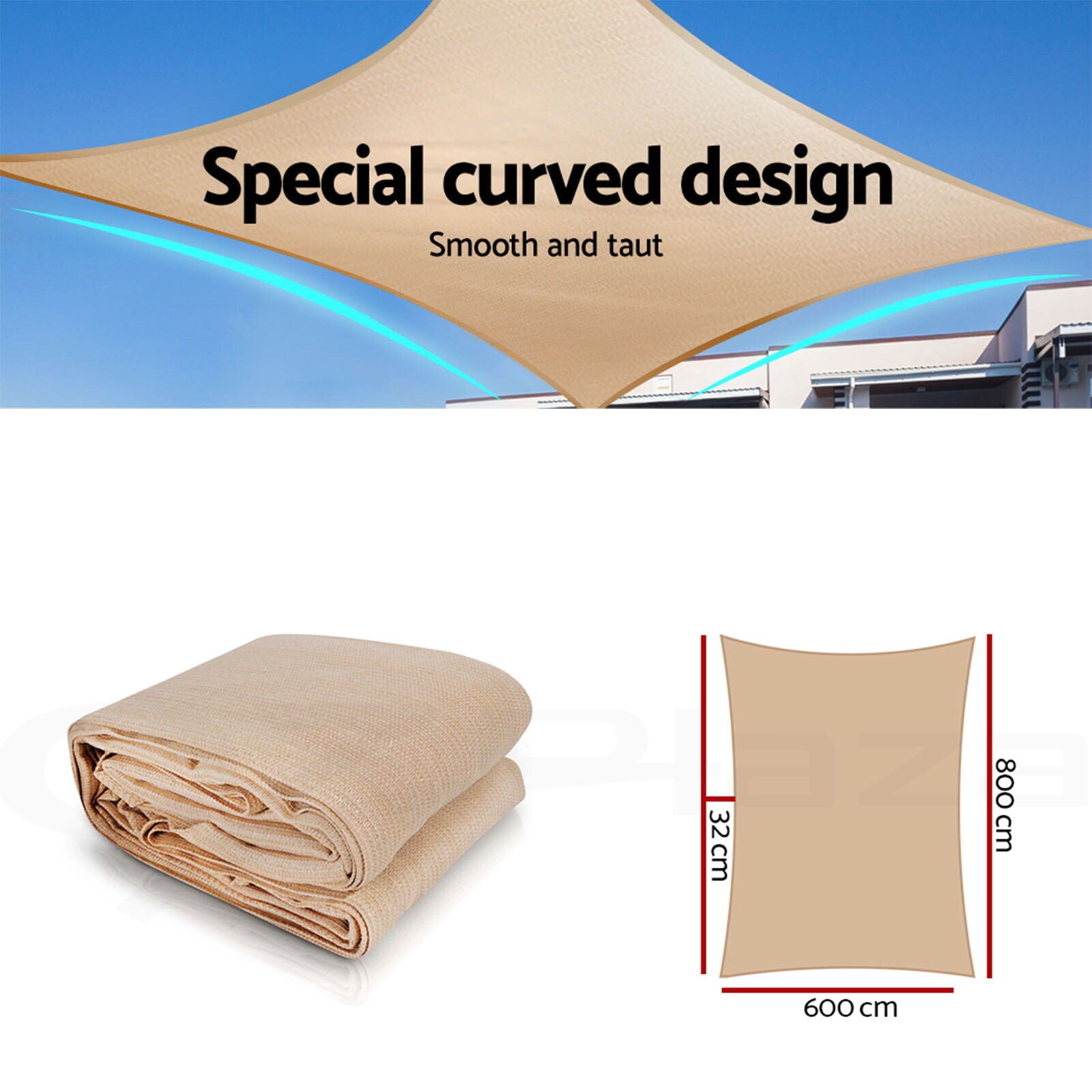 Instahut Shade Sail 6x8m Rectangle 185GSM 95% Sand Shade Cloth