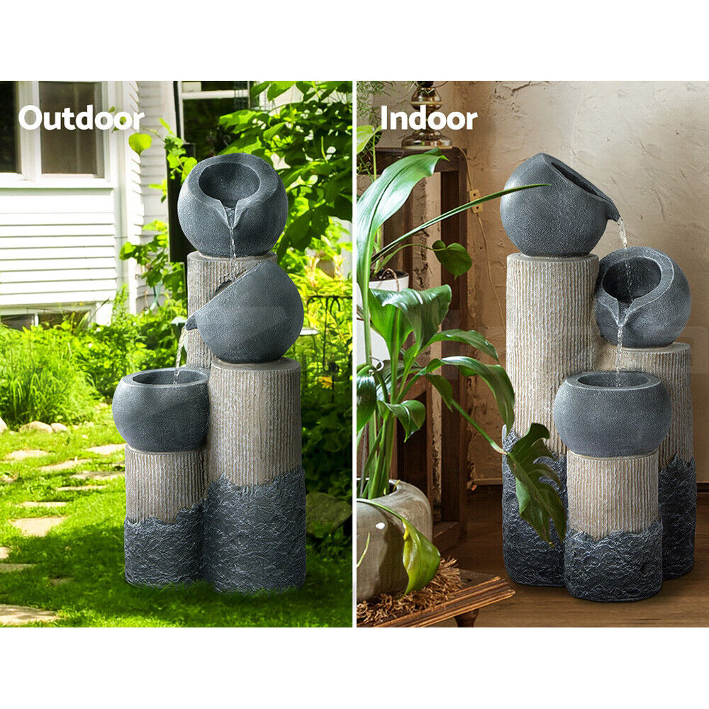 Gardeon Solar Water Feature Cascading Fountain 3-Tier Pot LED Lights 76CM Grey